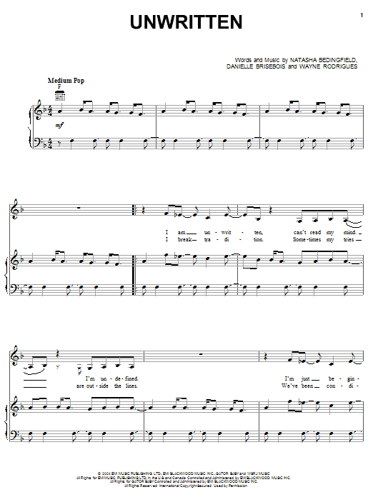 Natasha Bedingfield Unwritten sheet music notes and chords arranged for Easy Piano
