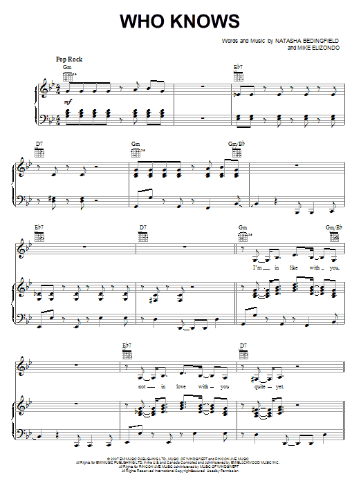 Natasha Bedingfield Who Knows sheet music notes and chords arranged for Piano, Vocal & Guitar Chords (Right-Hand Melody)