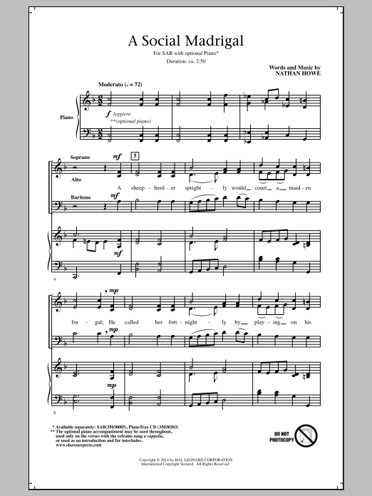 Nathan Howe A Social Madrigal sheet music notes and chords arranged for SAB Choir
