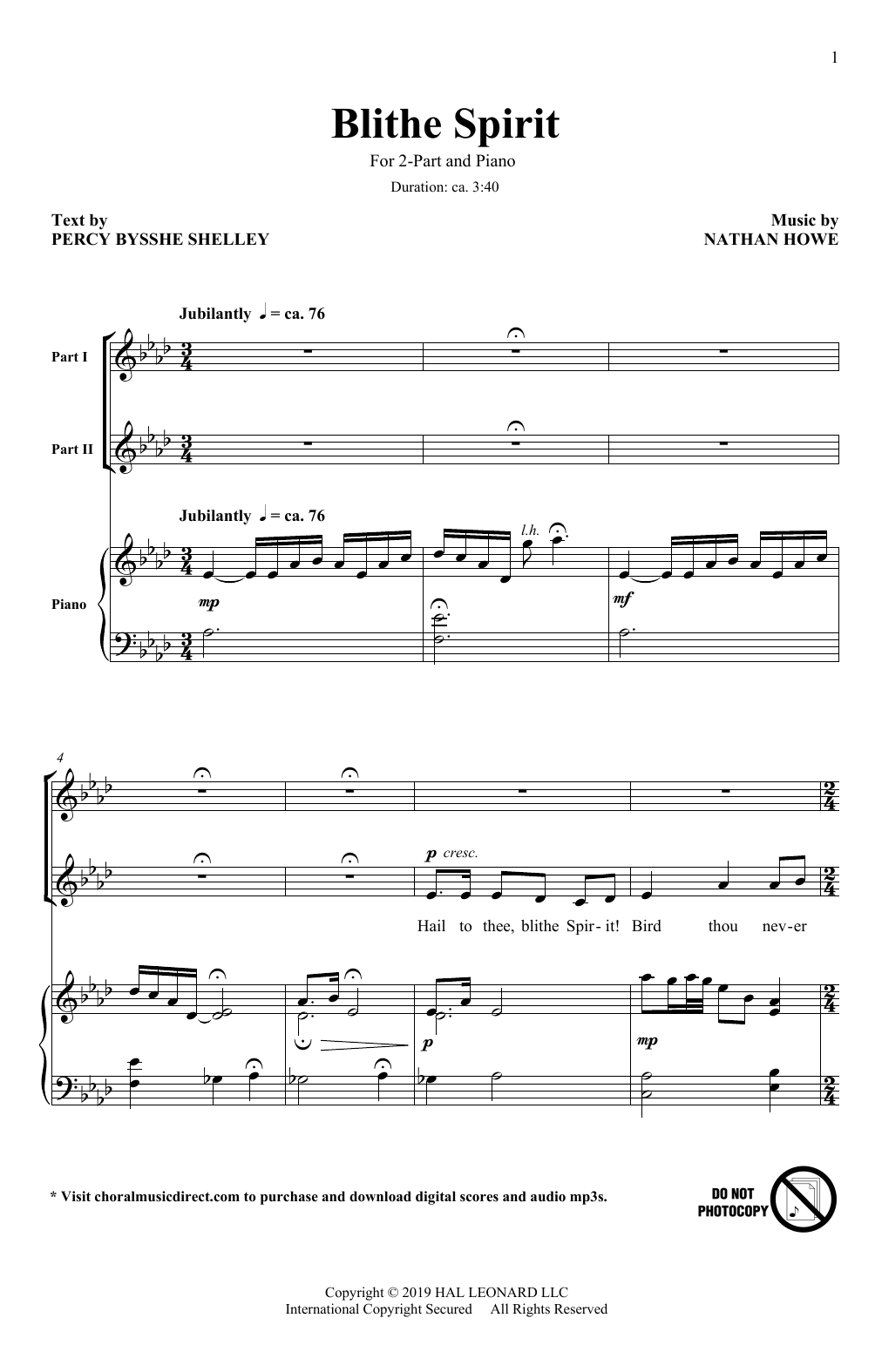 Nathan Howe Blithe Spirit sheet music notes and chords arranged for 2-Part Choir