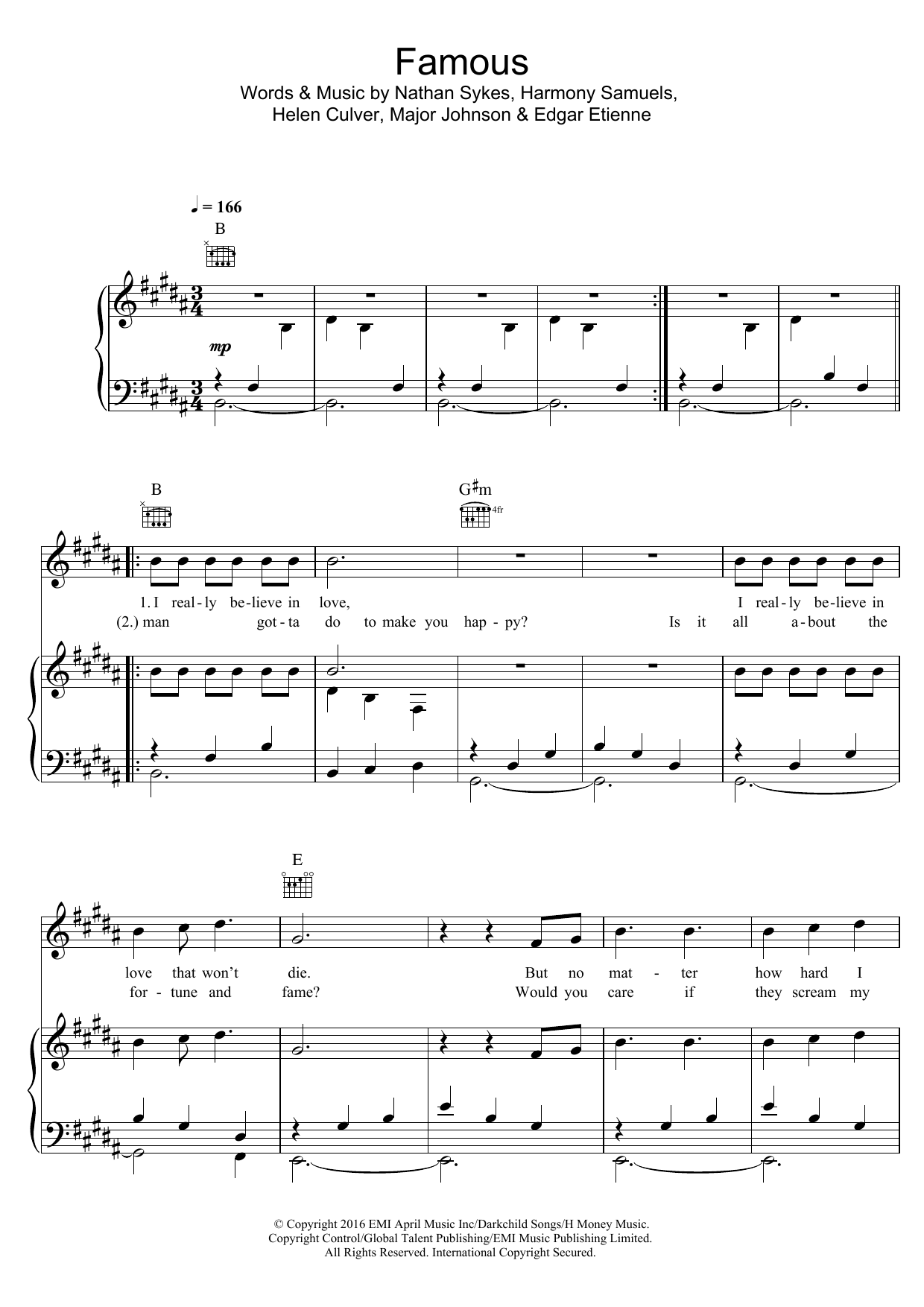 Nathan Sykes Famous sheet music notes and chords arranged for Piano, Vocal & Guitar Chords