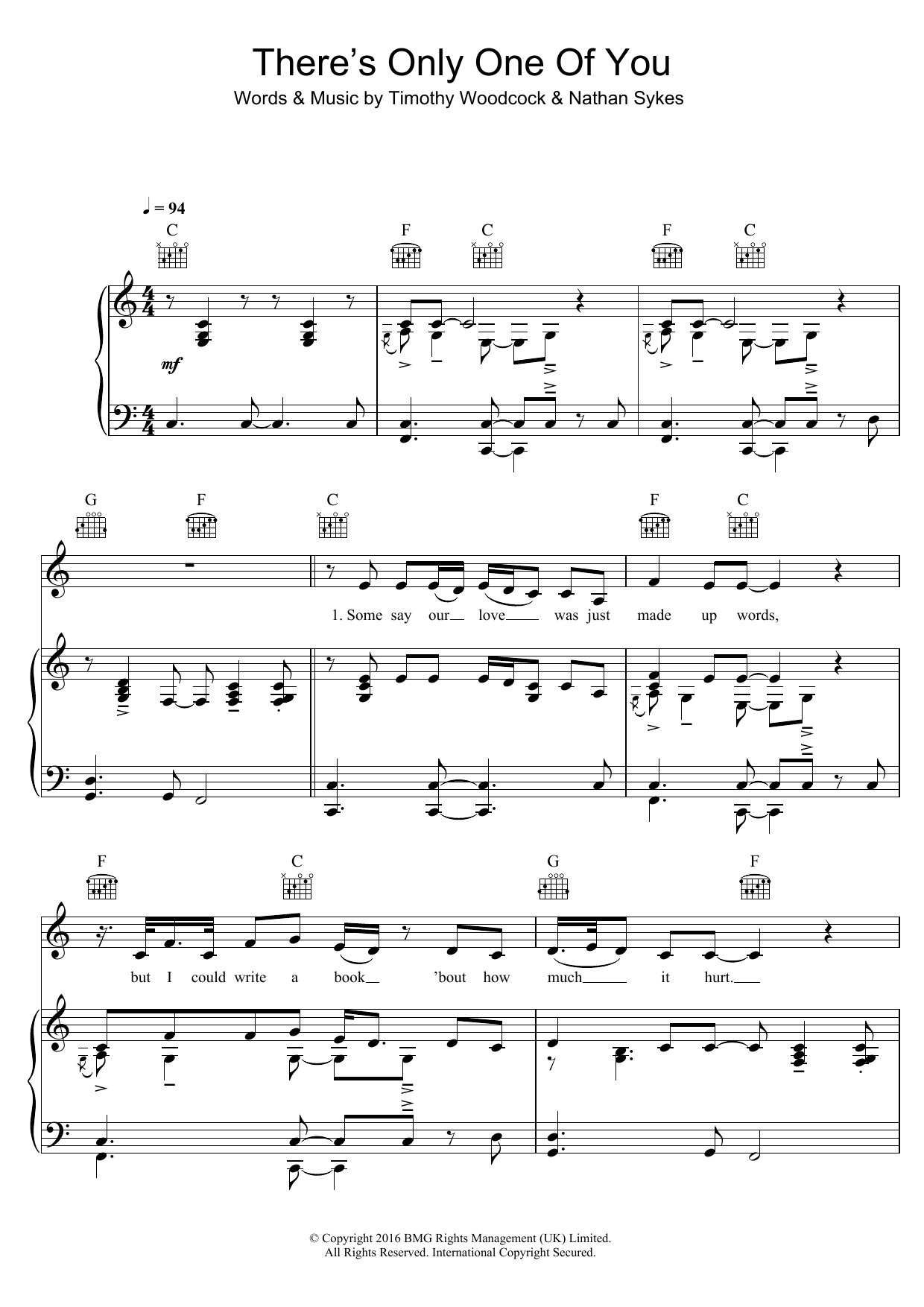 Nathan Sykes There's Only One Of You sheet music notes and chords arranged for Piano, Vocal & Guitar Chords