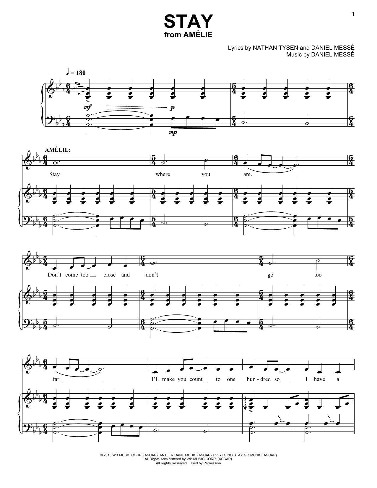 Nathan Tysen & Daniel Messé Stay (from Amélie The Musical) sheet music notes and chords arranged for Piano & Vocal