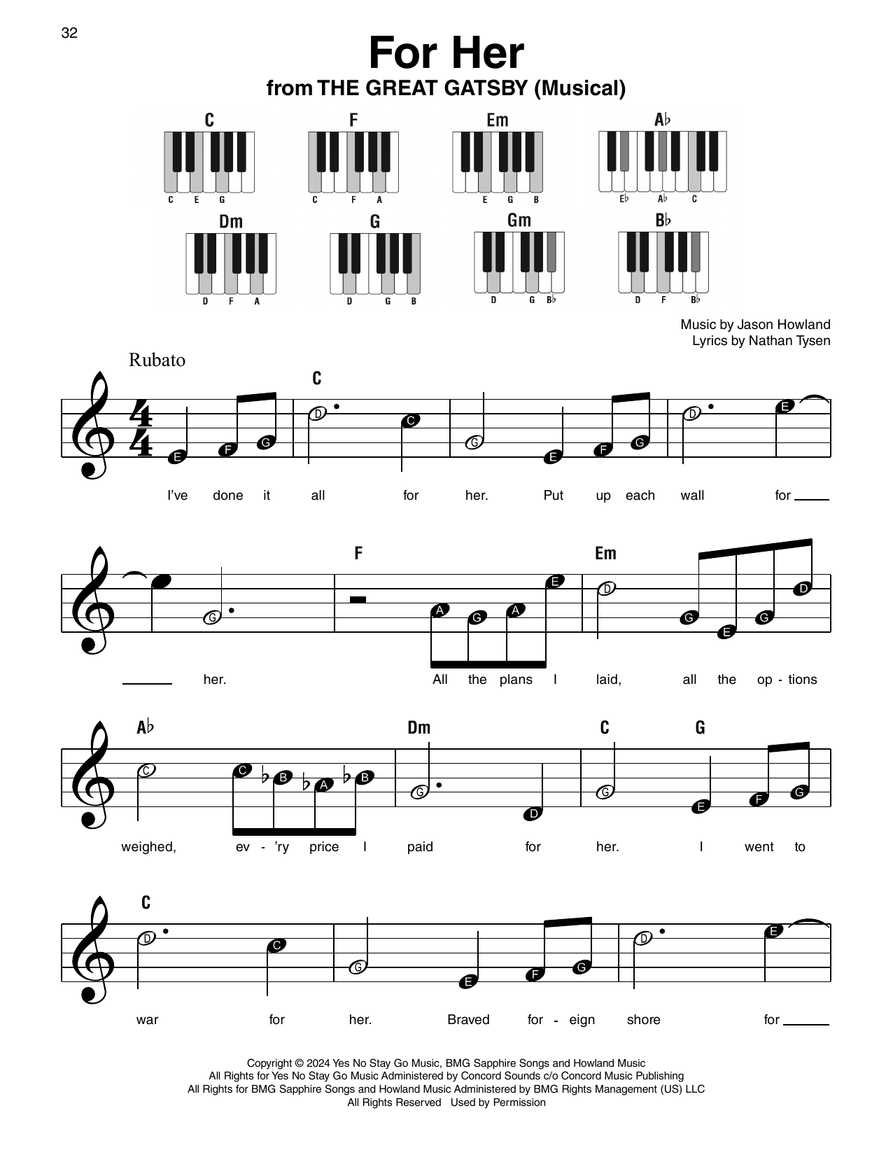 Nathan Tysen For Her (from The Great Gatsby) sheet music notes and chords arranged for Super Easy Piano