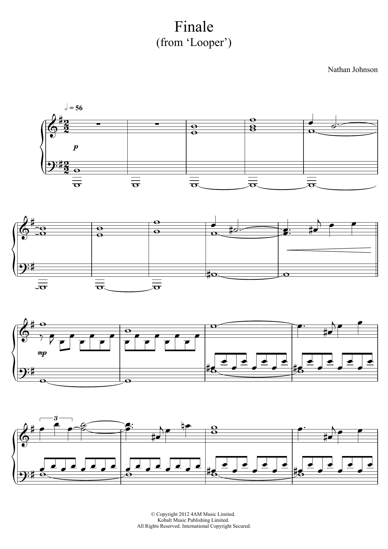 Nathan Johnson Finale (From 'Looper') sheet music notes and chords arranged for Piano Solo