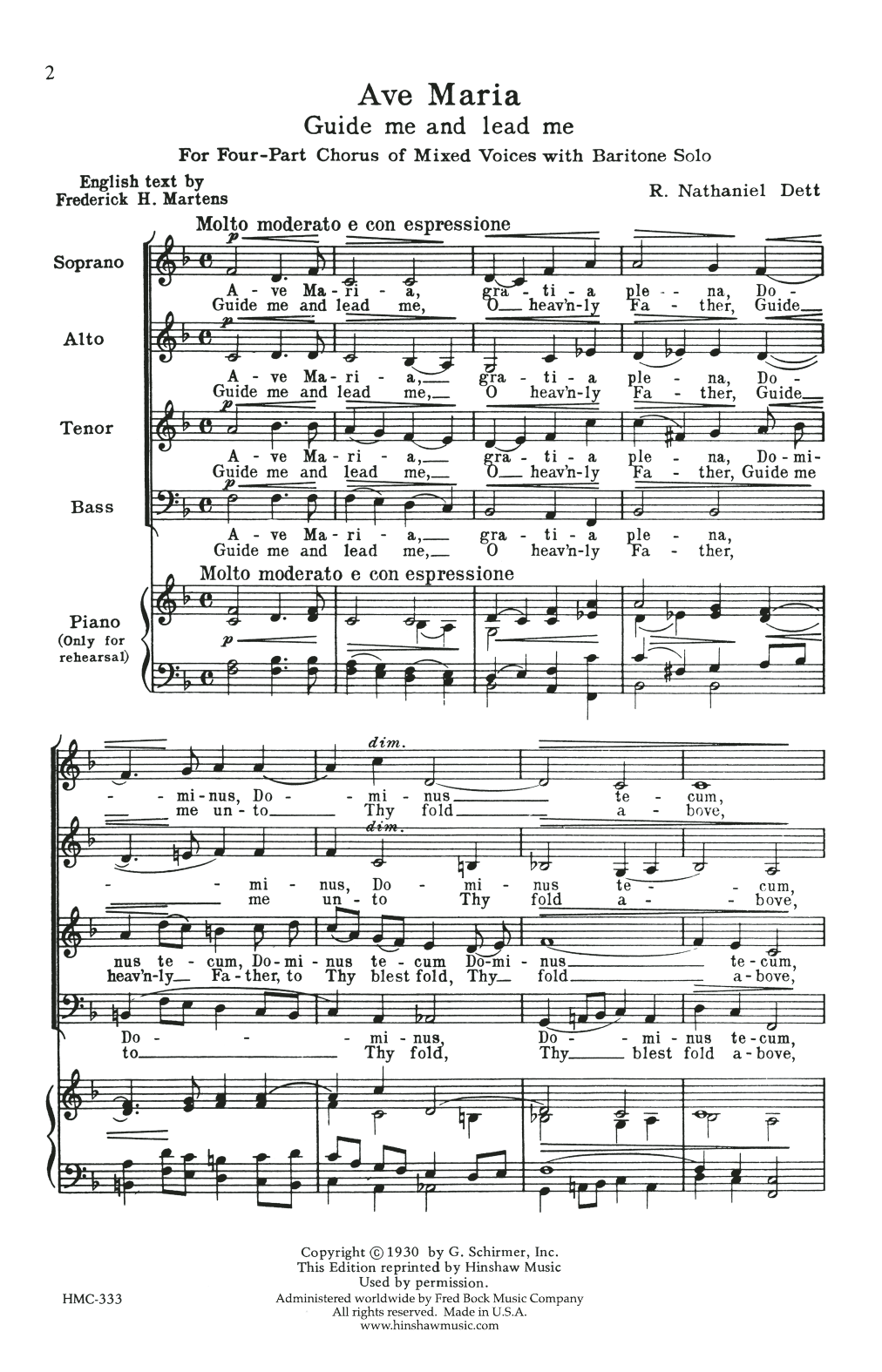 Nathaniel Dett Ave Maria sheet music notes and chords arranged for SATB Choir