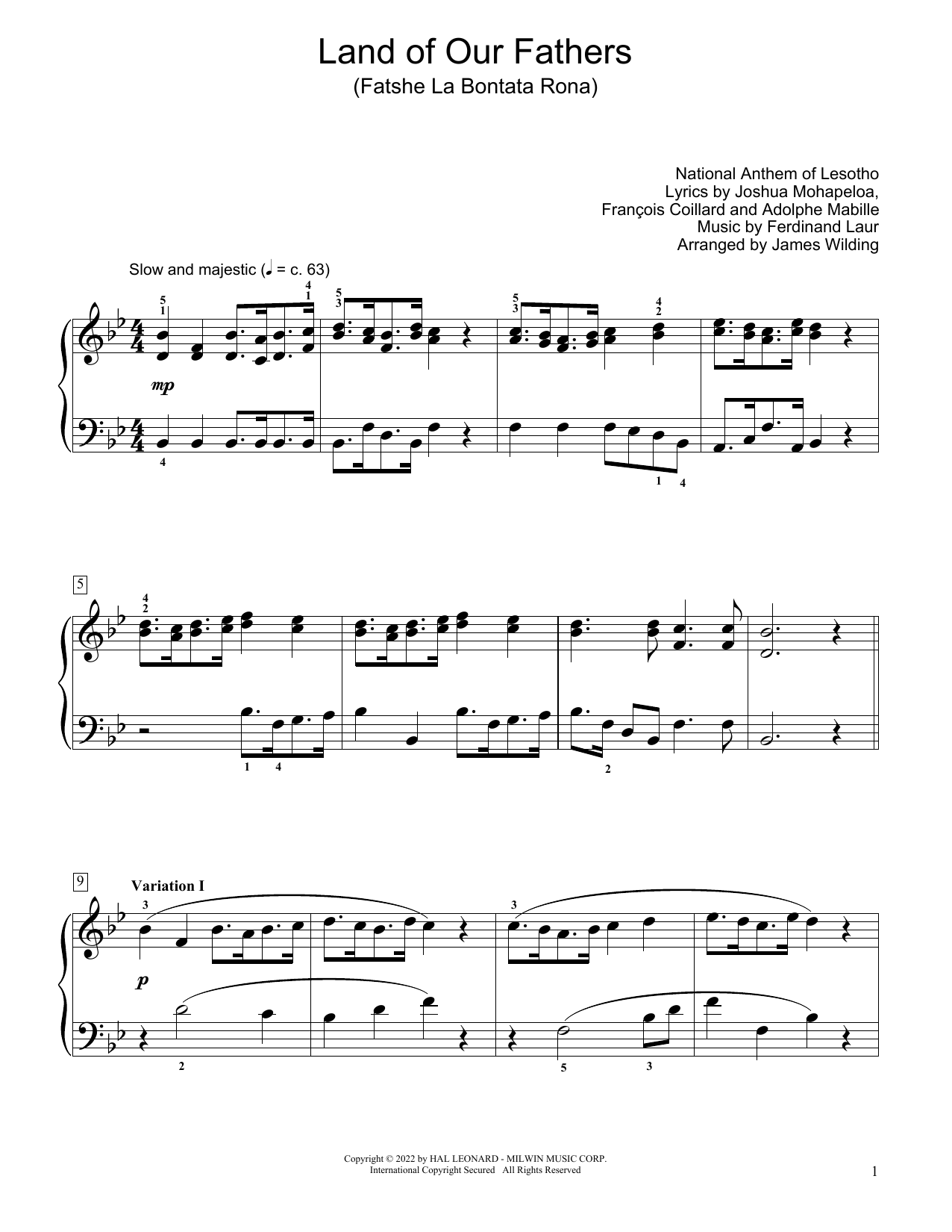 National Anthem of Lesotho Land Of Our Fathers (Fatshe La Bontata Rona) (arr. James Wilding) sheet music notes and chords arranged for Educational Piano