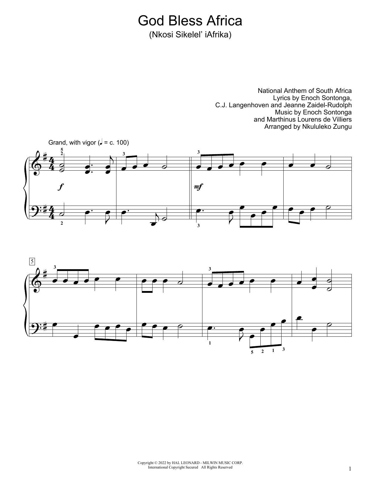 National Anthem of South Africa God Bless Africa (Nkosi Sikelel' Iafrika) (arr. Nkululeko Zungu) sheet music notes and chords arranged for Educational Piano