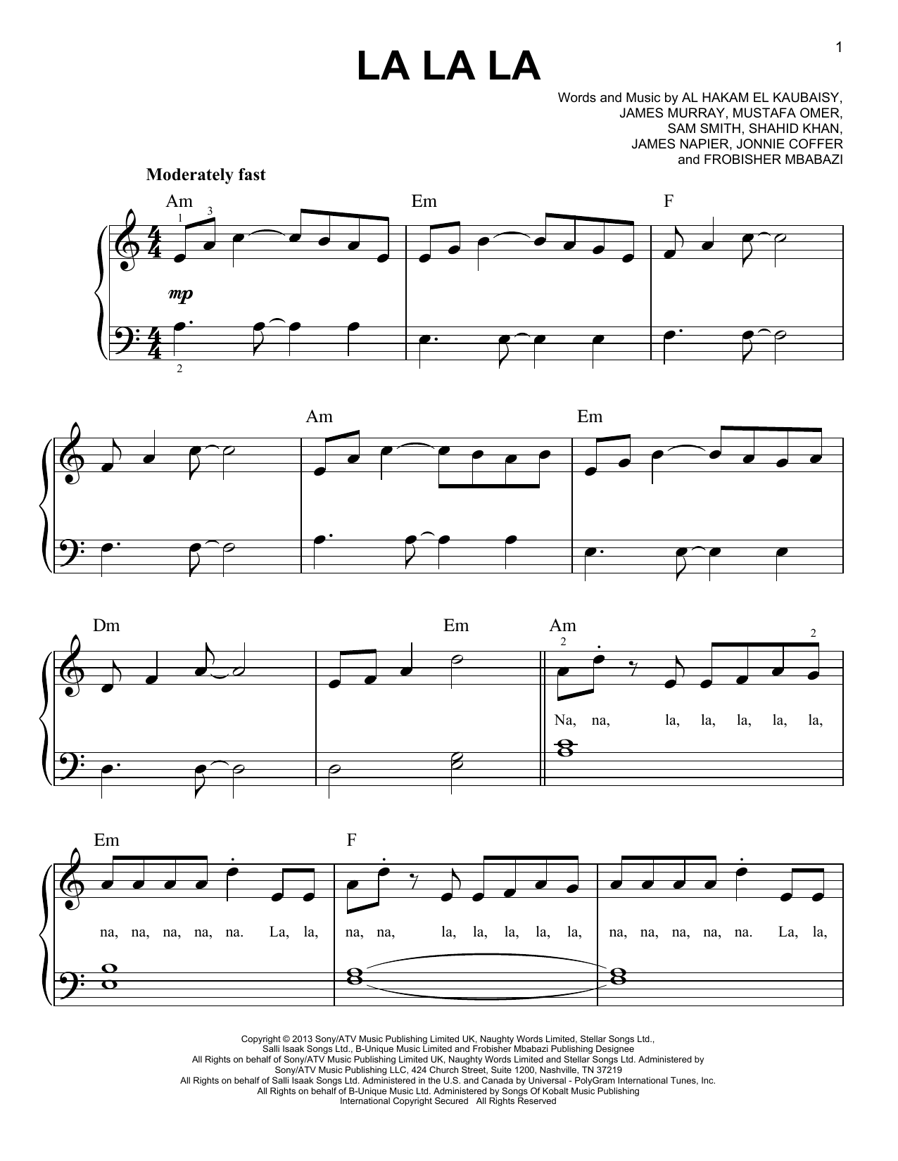 Naughty Boy featuring Sam Smith La La La sheet music notes and chords arranged for Easy Piano