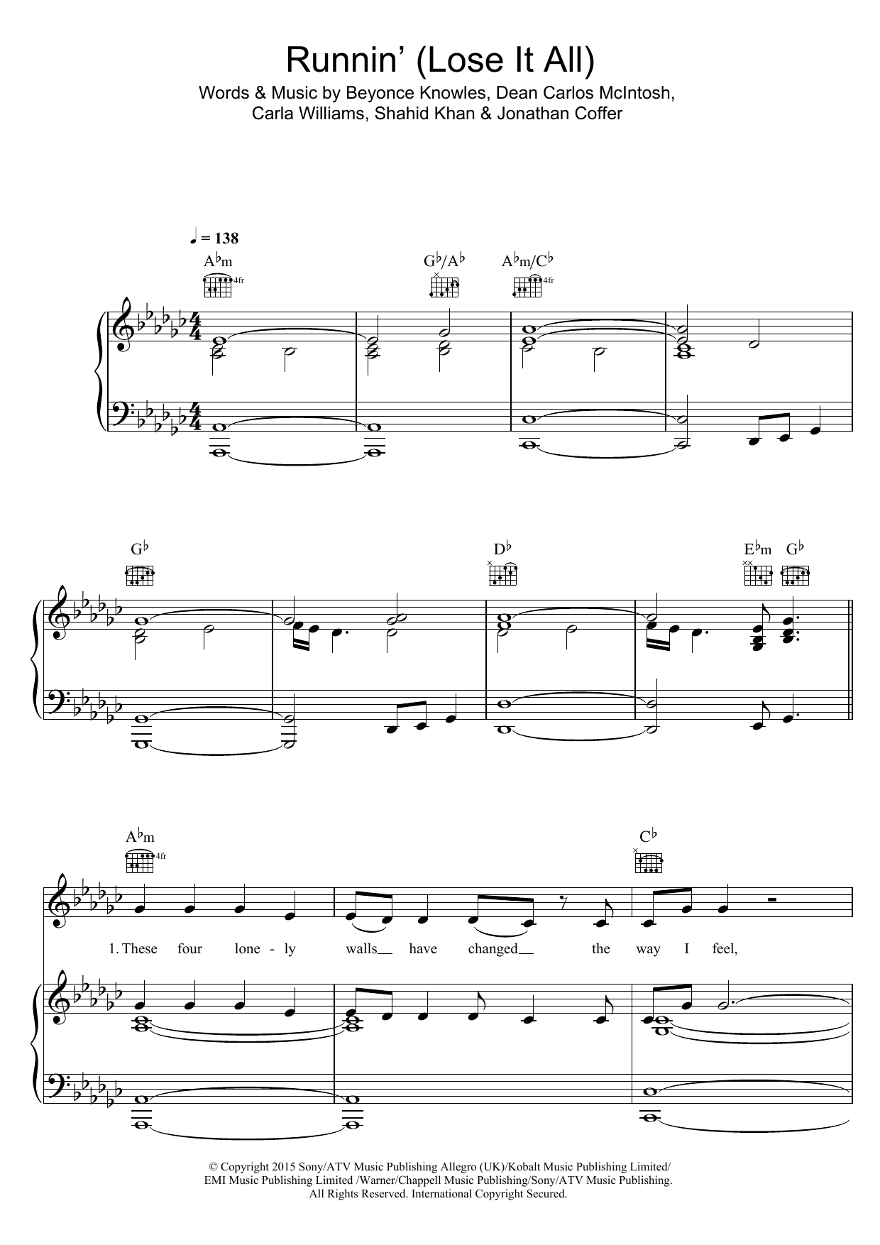 Naughty Boy Runnin' (Lose It All) (featuring Beyonce and Arrow Benjamin) sheet music notes and chords arranged for Piano, Vocal & Guitar Chords