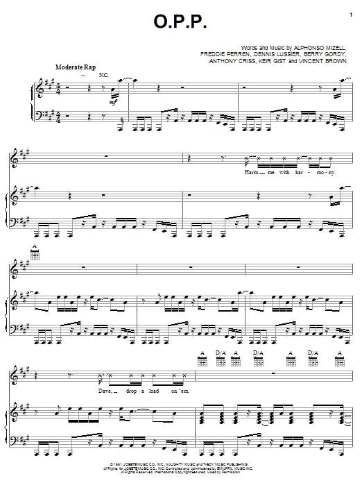 Naughty By Nature O.P.P. sheet music notes and chords arranged for Piano, Vocal & Guitar Chords (Right-Hand Melody)