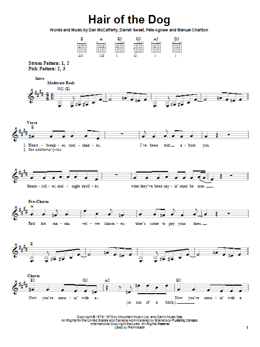 Nazareth Hair Of The Dog sheet music notes and chords arranged for Piano, Vocal & Guitar Chords (Right-Hand Melody)