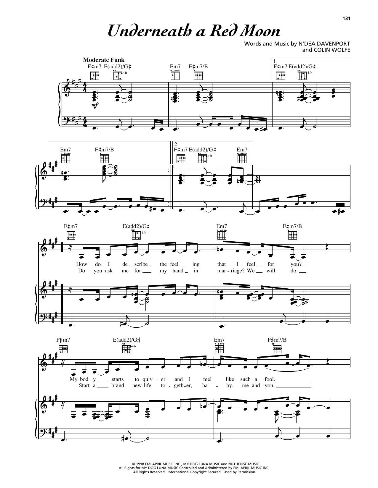 N'Dea Davenport Underneath A Red Moon sheet music notes and chords arranged for Piano, Vocal & Guitar Chords (Right-Hand Melody)