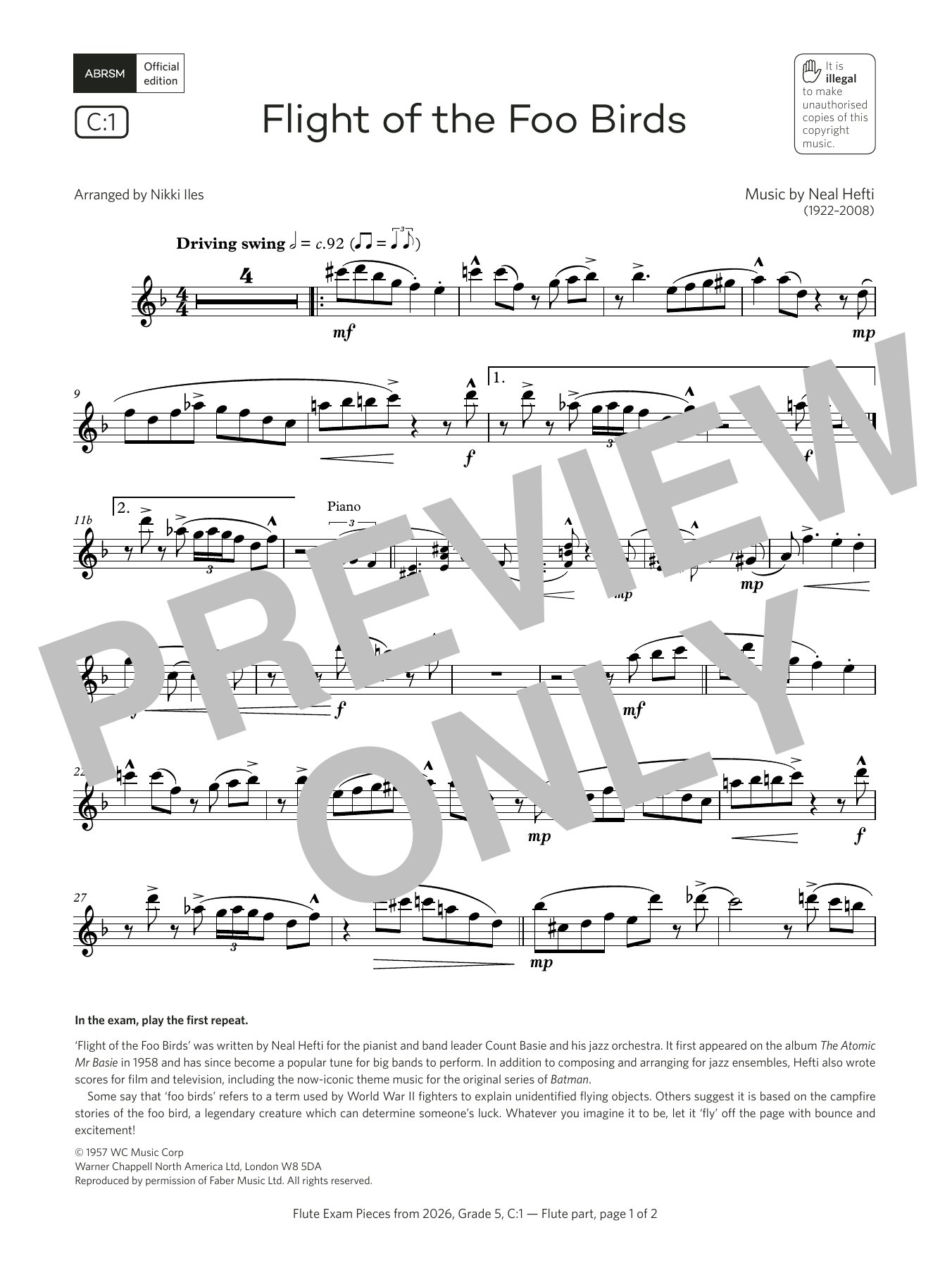 Neal Hefti Flight of the Foo Birds (Grade 5, list C1, from the ABRSM Flute Syllabus from 2026) sheet music notes and chords arranged for Flute Solo