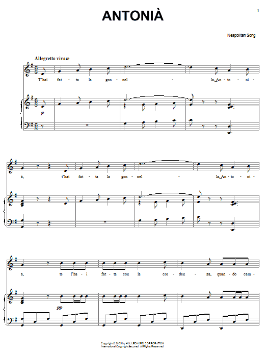 Neapolitan Song Antonia sheet music notes and chords arranged for Piano, Vocal & Guitar Chords (Right-Hand Melody)