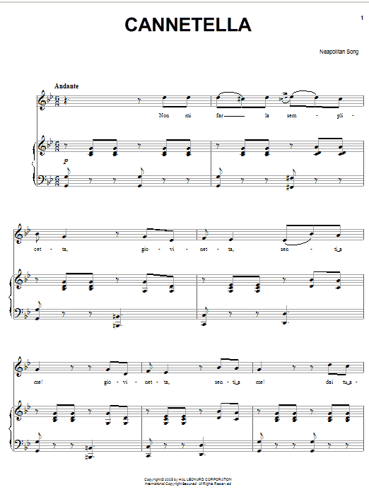 Neapolitan Song Cannetella sheet music notes and chords arranged for Piano, Vocal & Guitar Chords (Right-Hand Melody)