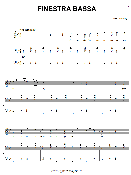 Neapolitan Song Finestra bassa sheet music notes and chords arranged for Piano, Vocal & Guitar Chords (Right-Hand Melody)