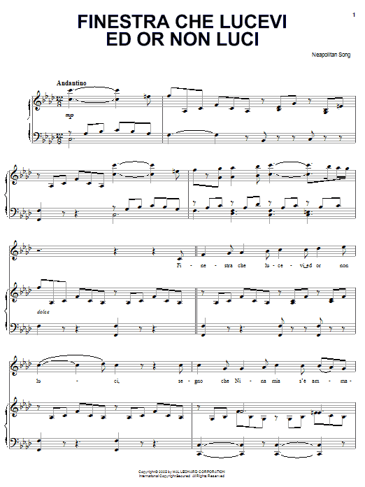 Neapolitan Song Finestra che lucevi ed or non luci sheet music notes and chords arranged for Piano, Vocal & Guitar Chords (Right-Hand Melody)