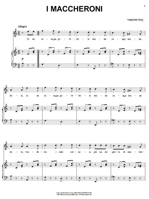 Neapolitan Song I Maccheroni sheet music notes and chords arranged for Piano, Vocal & Guitar Chords (Right-Hand Melody)