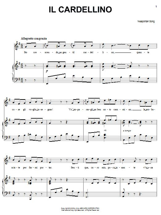 Neapolitan Song Il cardellino sheet music notes and chords arranged for Piano, Vocal & Guitar Chords (Right-Hand Melody)