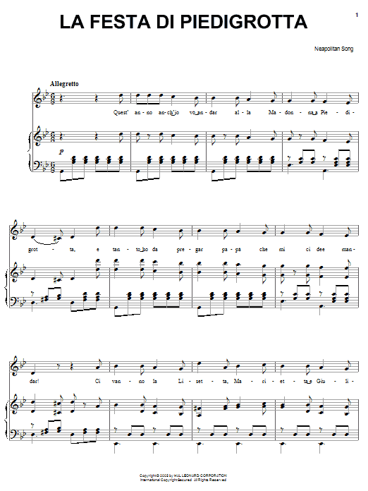 Neapolitan Song La festa di Piedigrotta sheet music notes and chords arranged for Piano, Vocal & Guitar Chords (Right-Hand Melody)