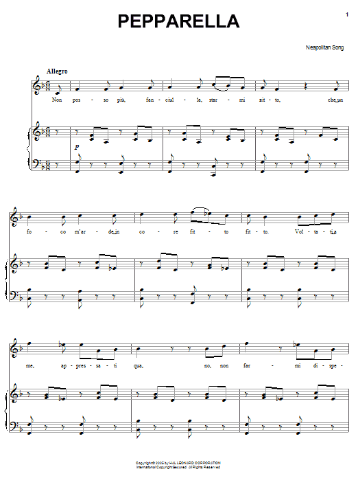 Neapolitan Song Pepparella sheet music notes and chords arranged for Piano, Vocal & Guitar Chords (Right-Hand Melody)