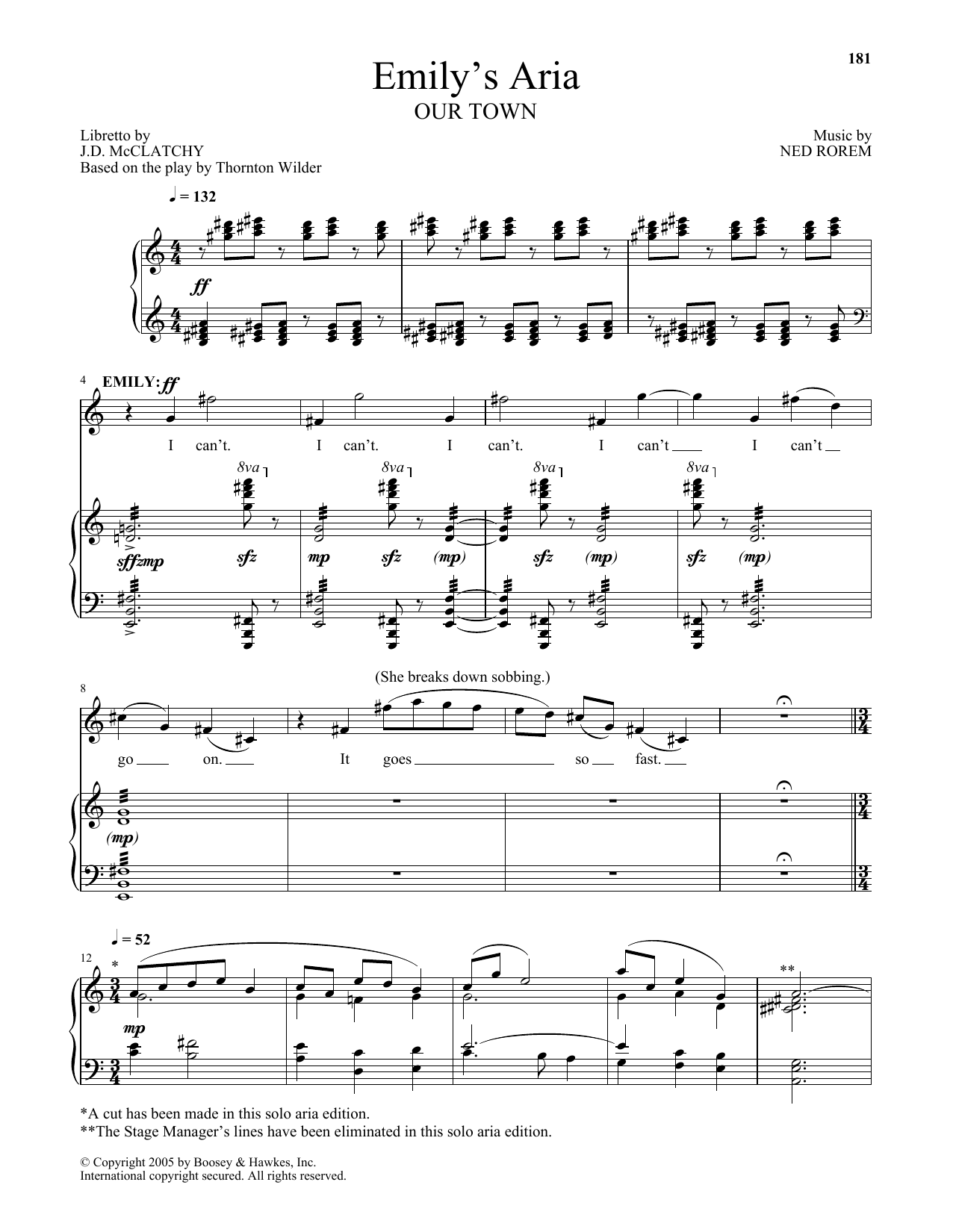 Ned Rorem Emily's Aria (from Our Town) sheet music notes and chords arranged for Piano & Vocal