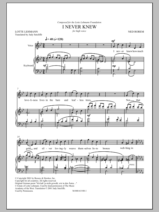 Ned Rorem I Never Knew sheet music notes and chords arranged for Piano & Vocal