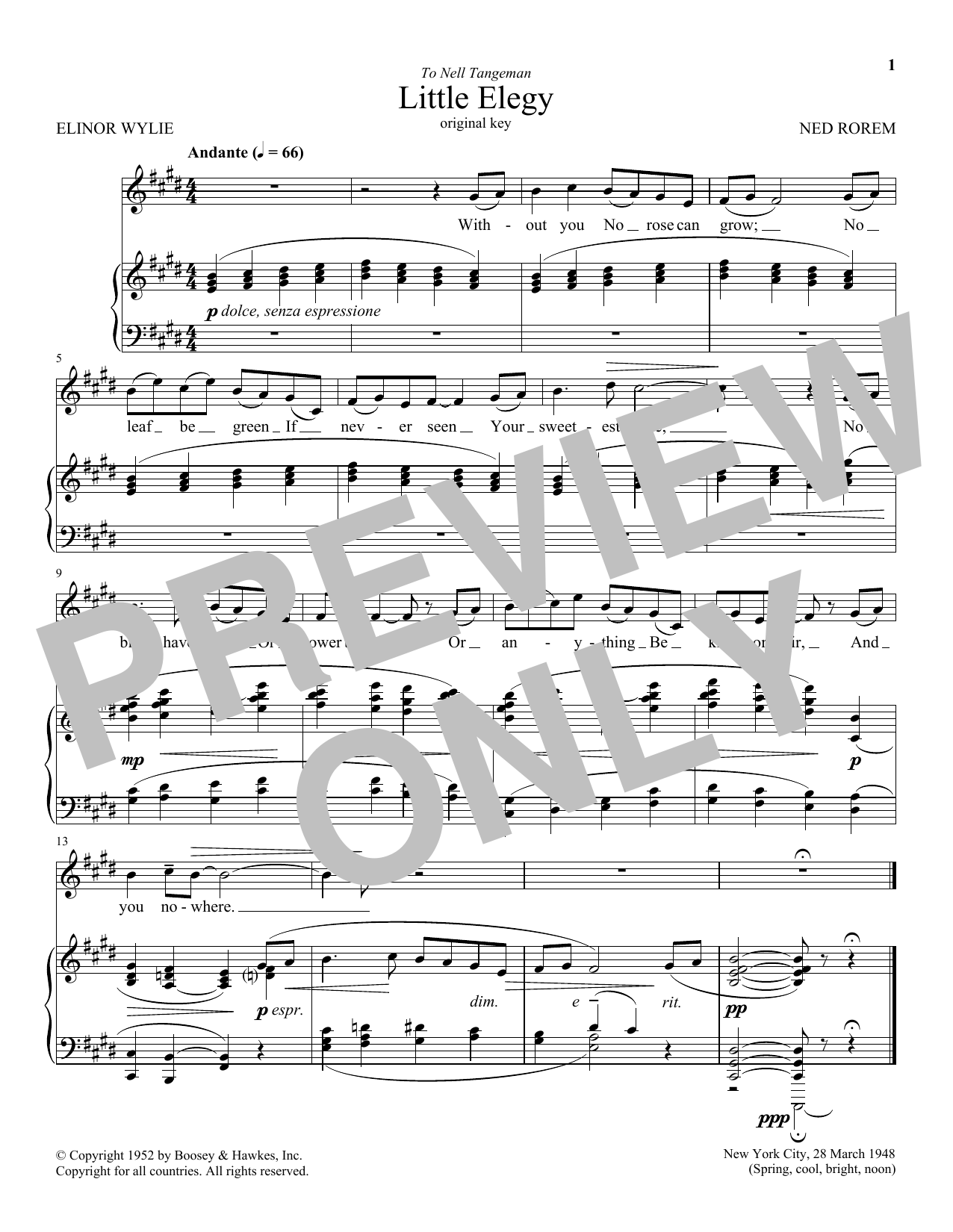 Ned Rorem Little Elegy sheet music notes and chords arranged for Piano & Vocal