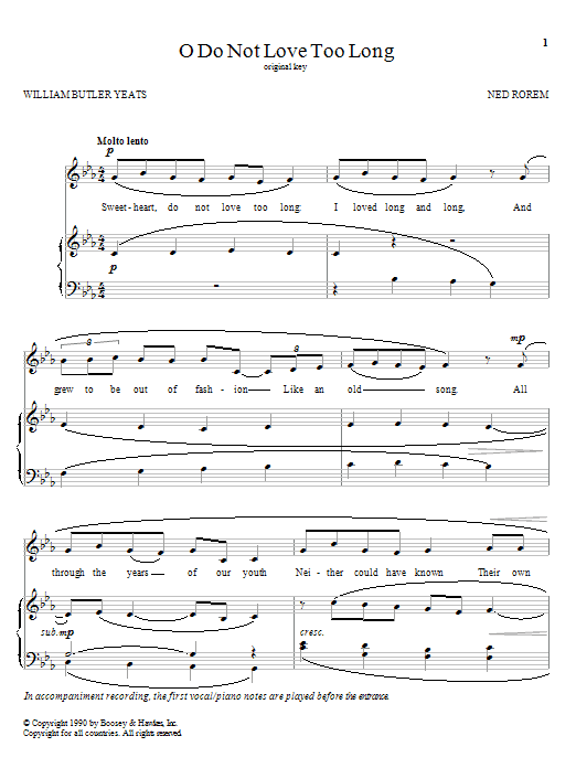 Ned Rorem O Do Not Love Too Long sheet music notes and chords arranged for Piano & Vocal