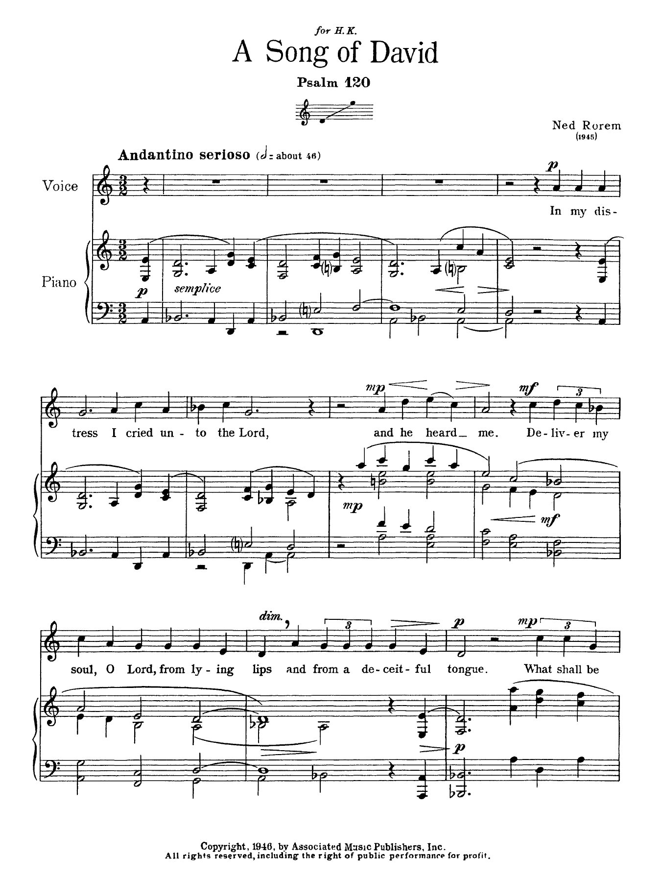 Ned Rorem Song Of David (Psalm 120) sheet music notes and chords arranged for Piano & Vocal
