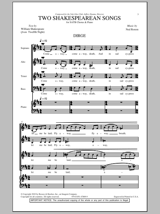 Ned Rorem Two Shakespearean Songs sheet music notes and chords arranged for SATB Choir