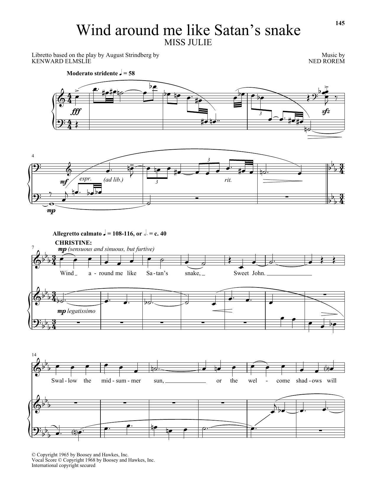 Ned Rorem Wind around me like Satan's snake (from Miss Julie) sheet music notes and chords arranged for Piano & Vocal