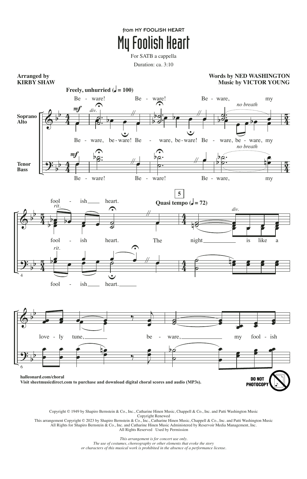 Ned Washington & Victor Young My Foolish Heart (arr. Kirby Shaw) sheet music notes and chords arranged for SATB Choir