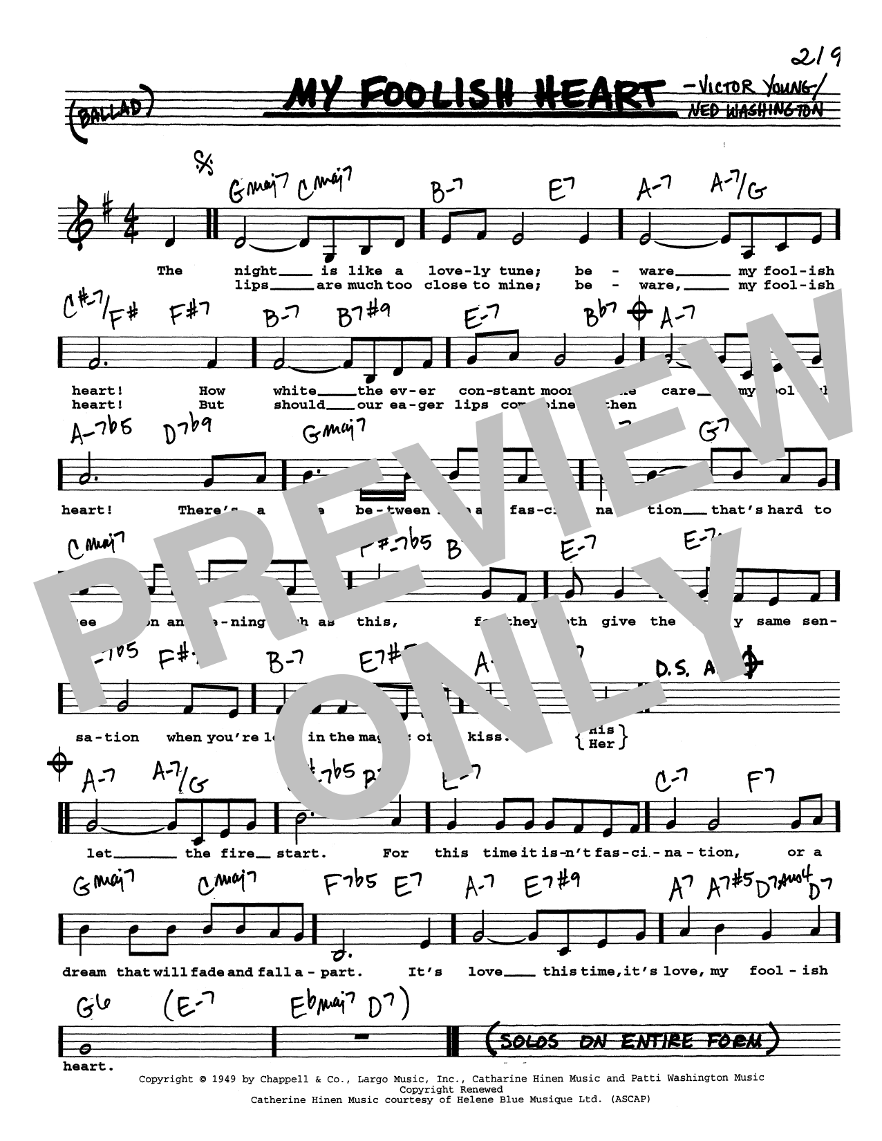 Ned Washington & Victor Young My Foolish Heart (Low Voice) sheet music notes and chords arranged for Real Book – Melody, Lyrics & Chords