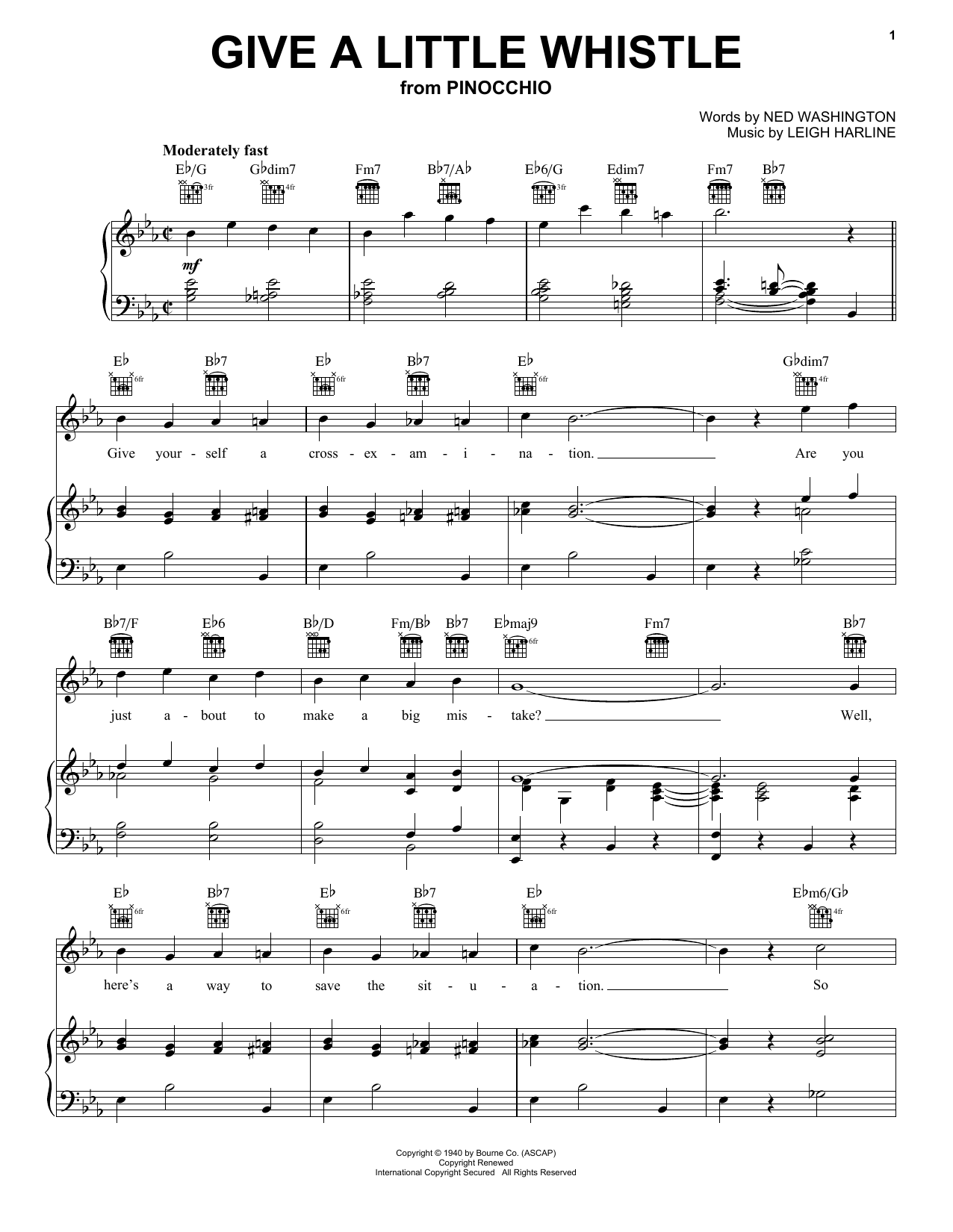 Ned Washington and Leigh Harline Give A Little Whistle (from Pinocchio) sheet music notes and chords arranged for Piano, Vocal & Guitar Chords (Right-Hand Melody)