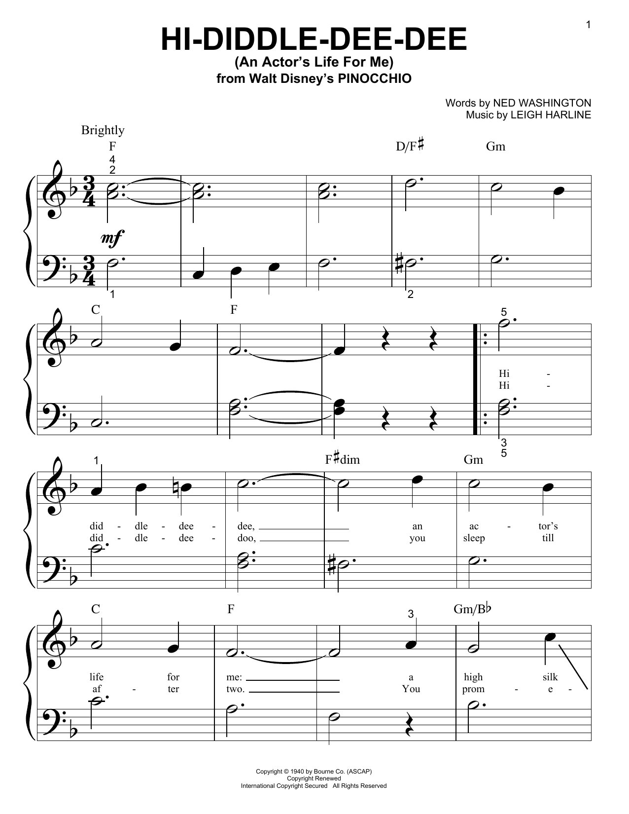 Ned Washington and Leigh Harline Hi-Diddle-Dee-Dee (An Actor's Life For Me) (from Pinocchio) sheet music notes and chords arranged for Bells Solo