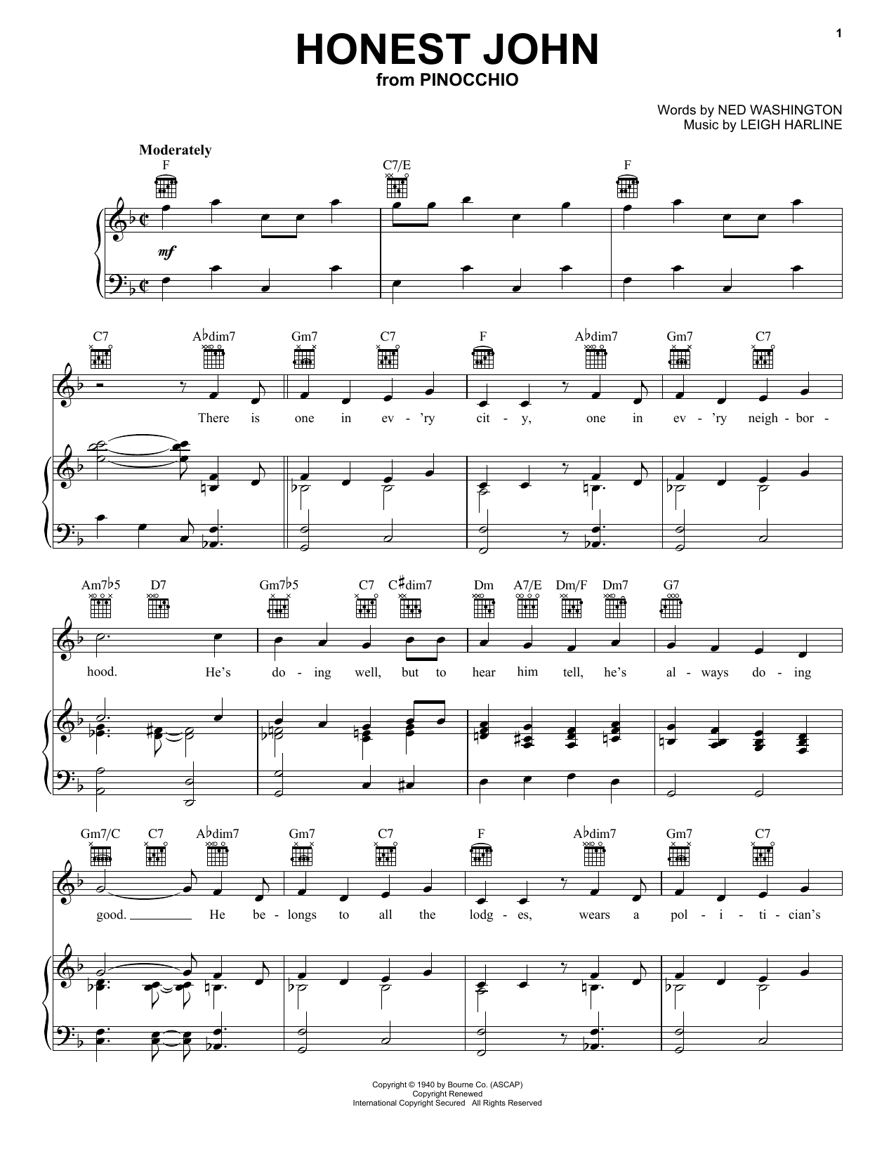 Ned Washington and Leigh Harline Honest John (from Walt Disney's Pinocchio) sheet music notes and chords arranged for Piano, Vocal & Guitar Chords (Right-Hand Melody)