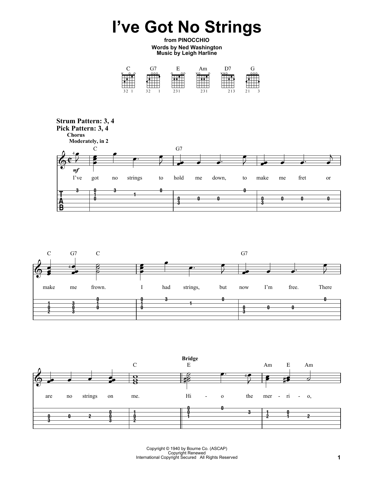 Ned Washington and Leigh Harline I've Got No Strings (from Pinocchio) sheet music notes and chords arranged for Easy Guitar Tab