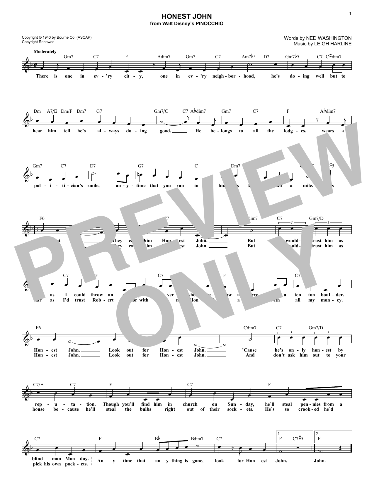Ned Washington Honest John sheet music notes and chords arranged for Lead Sheet / Fake Book