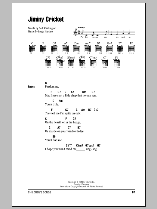 Ned Washington Jiminy Cricket sheet music notes and chords arranged for Guitar Chords/Lyrics