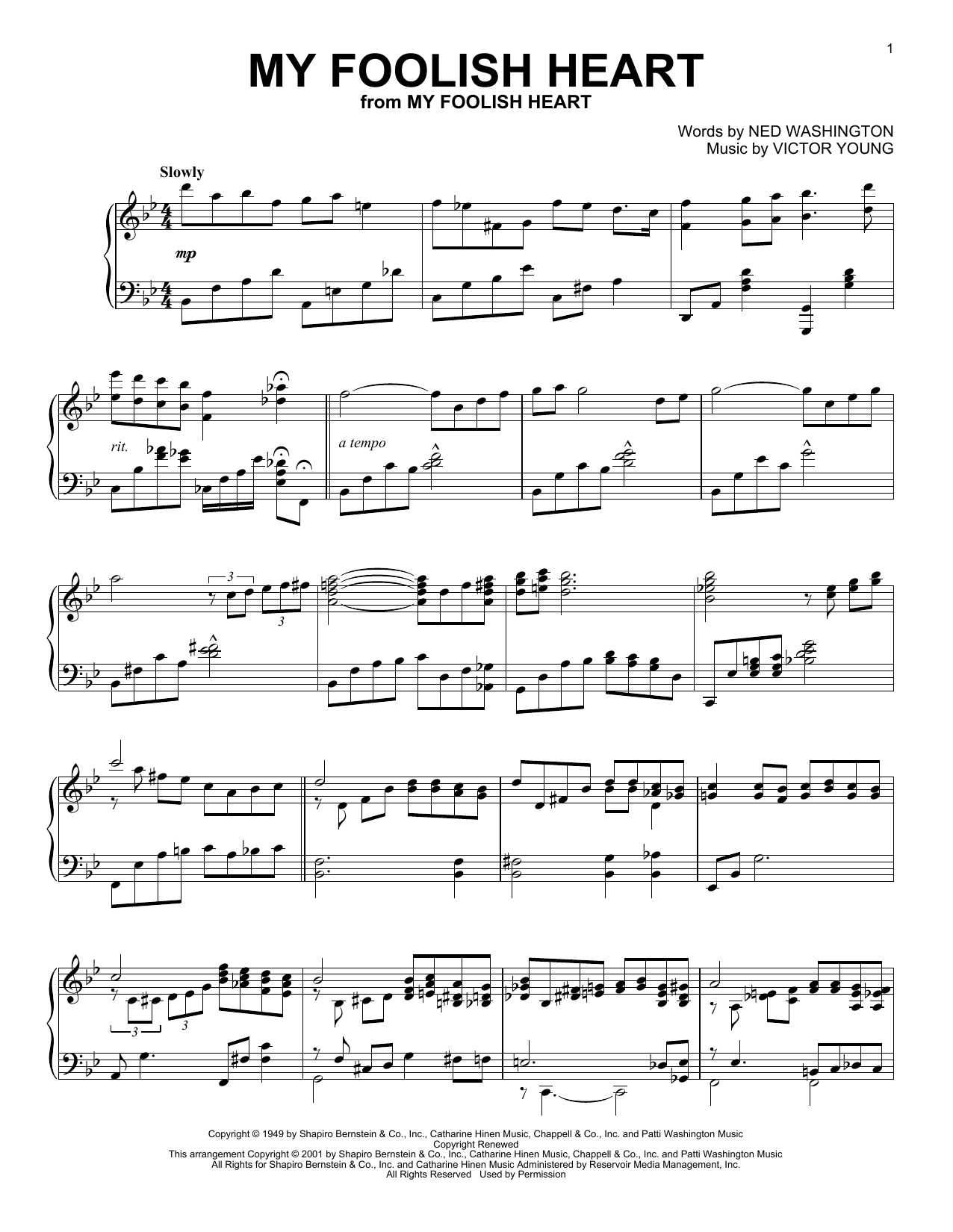 Ned Washington My Foolish Heart (arr. Al Lerner) sheet music notes and chords arranged for Piano Solo