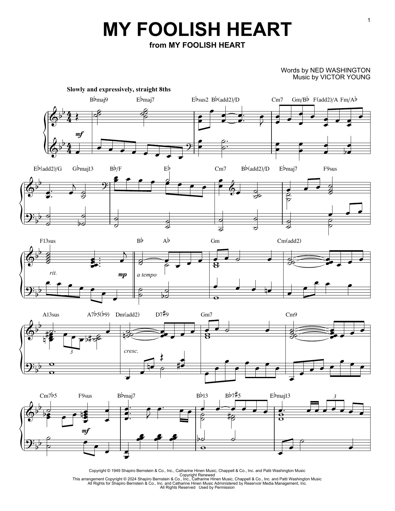 Ned Washington My Foolish Heart (arr. Brent Edstrom) sheet music notes and chords arranged for Piano Solo