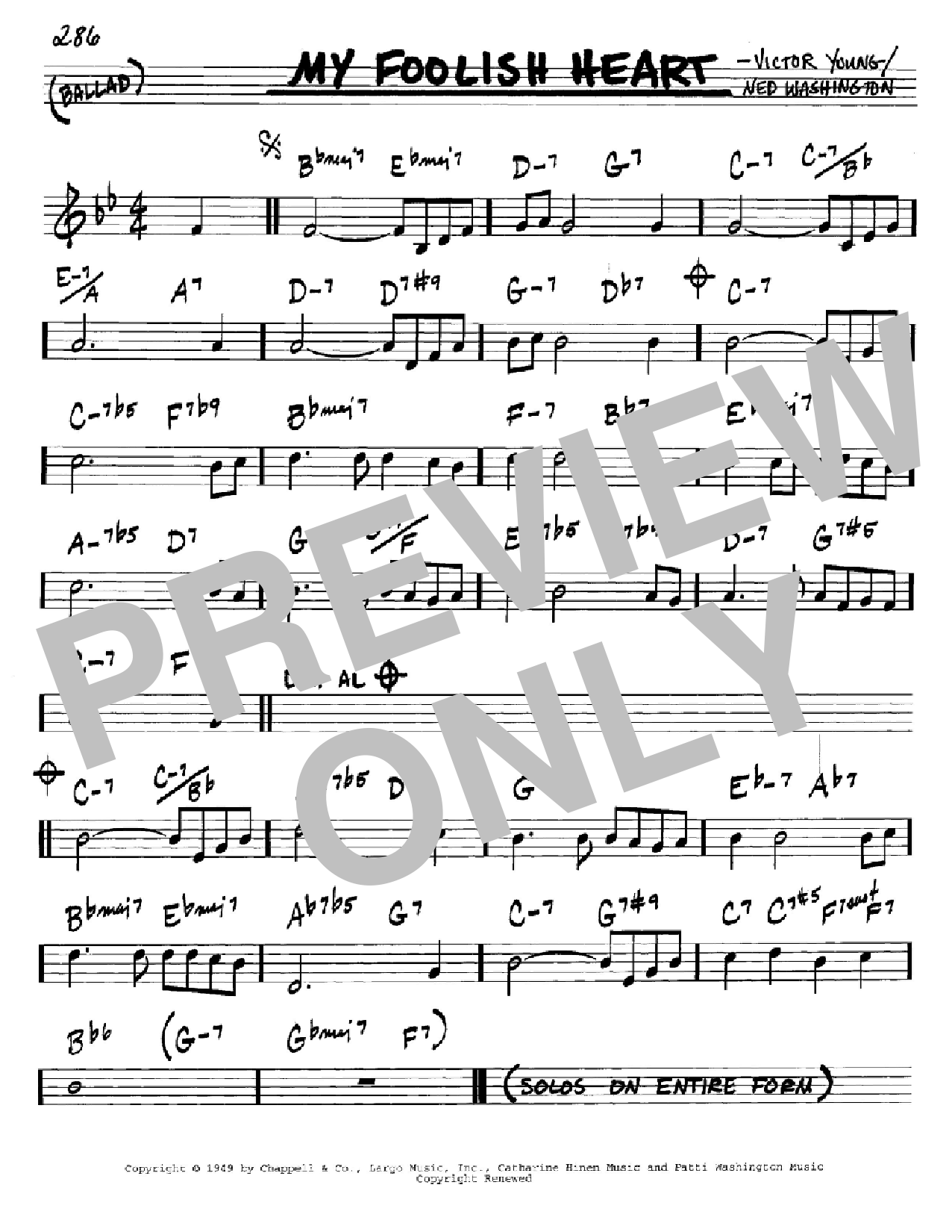 Ned Washington My Foolish Heart sheet music notes and chords arranged for Real Book – Melody & Chords – Eb Instruments