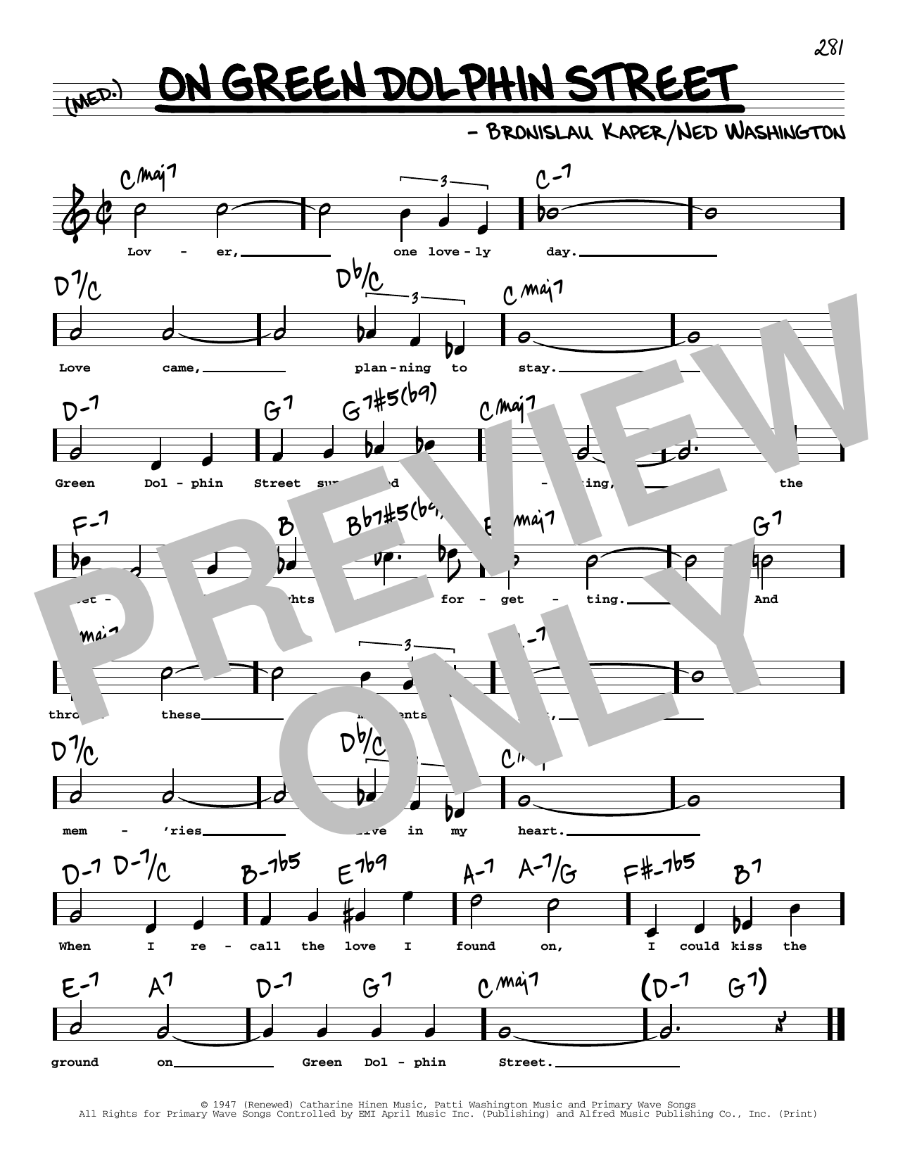 Ned Washington On Green Dolphin Street (High Voice) sheet music notes and chords arranged for Real Book – Melody, Lyrics & Chords