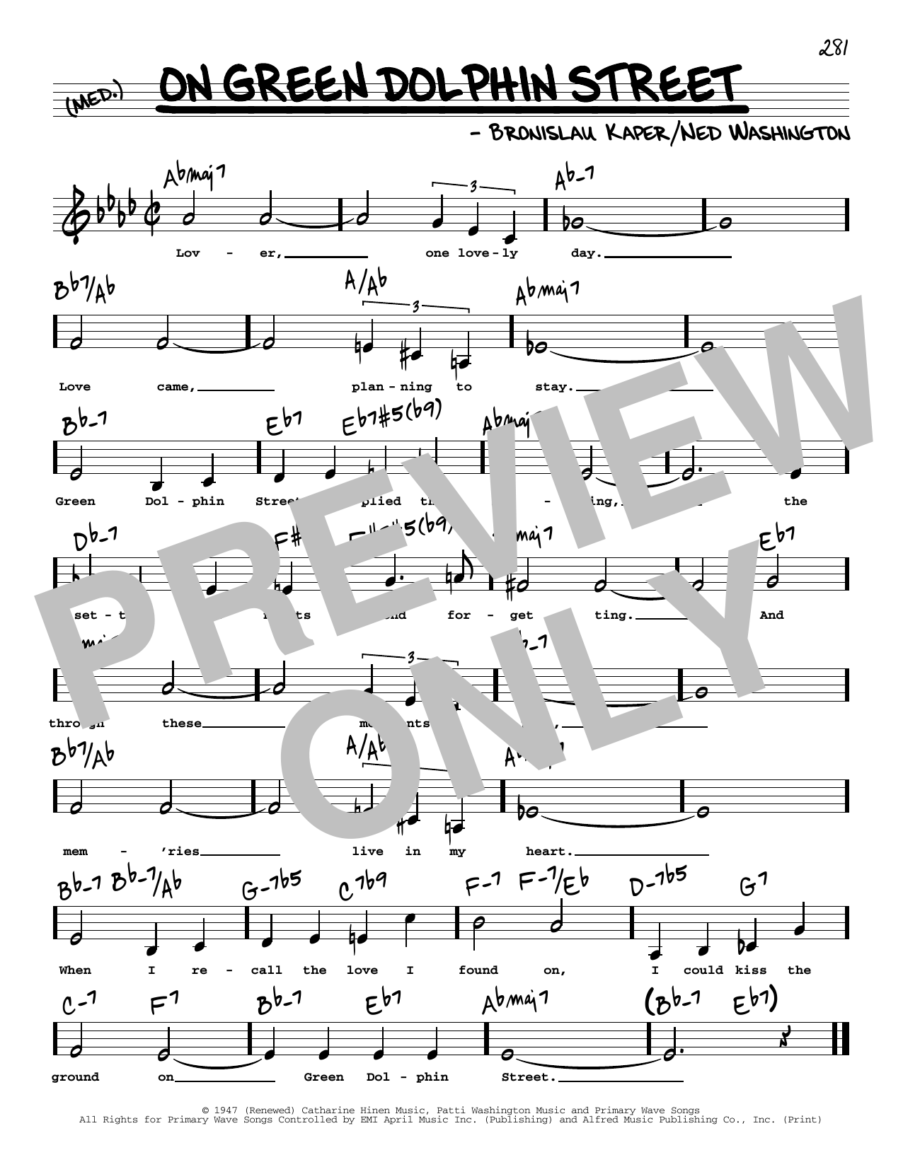 Ned Washington On Green Dolphin Street (Low Voice) sheet music notes and chords arranged for Real Book – Melody, Lyrics & Chords