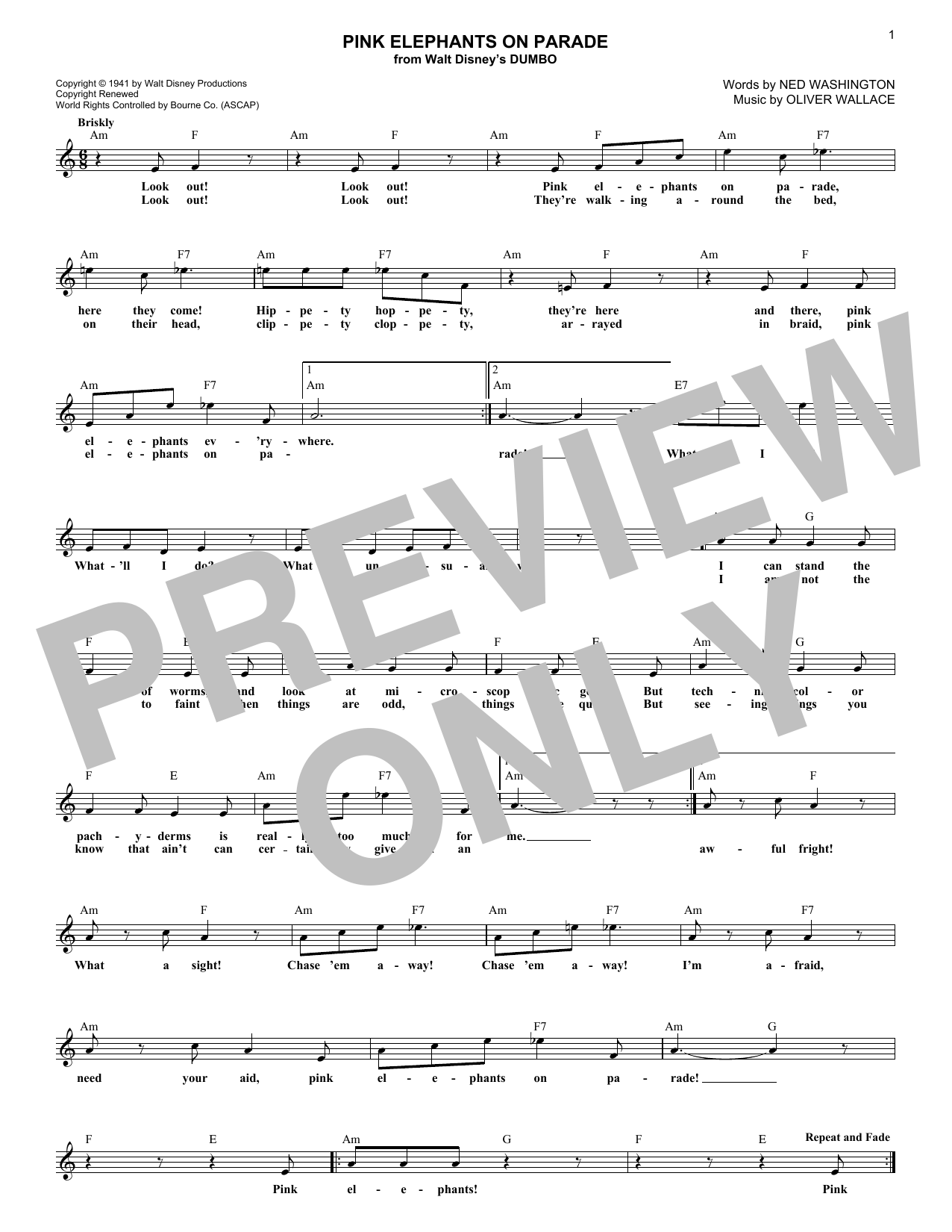 Ned Washington Pink Elephants On Parade (from Walt Disney's Dumbo) sheet music notes and chords arranged for Lead Sheet / Fake Book