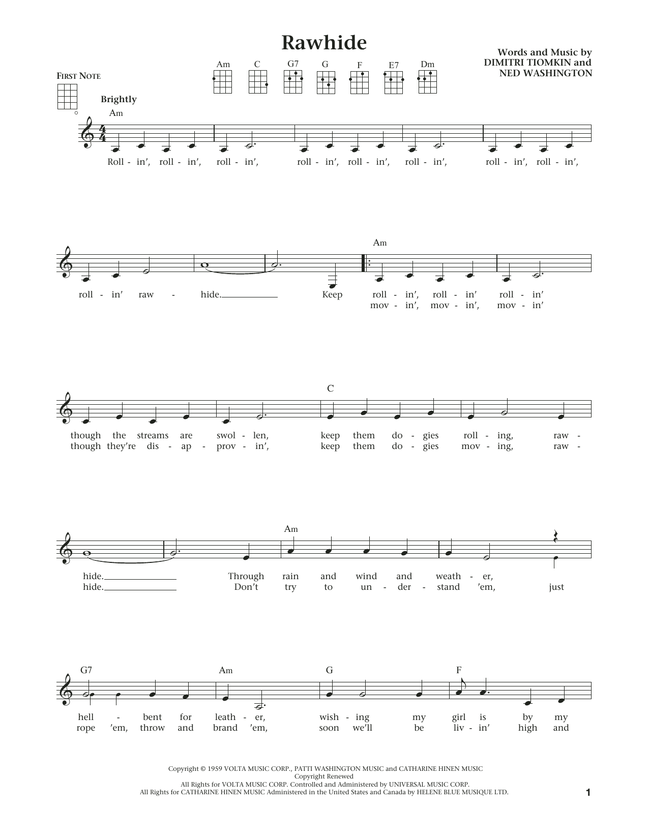 Ned Washington Rawhide (from The Daily Ukulele) (arr. Liz and Jim Beloff) sheet music notes and chords arranged for Ukulele