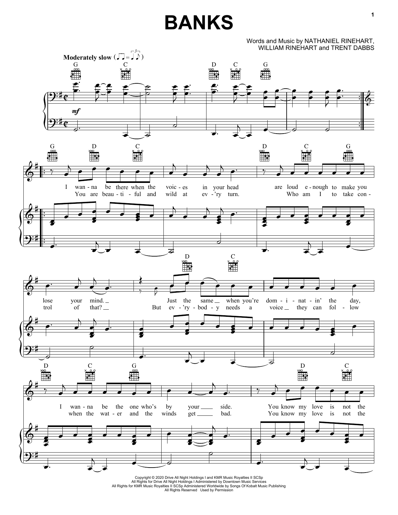 NEEDTOBREATHE Banks sheet music notes and chords arranged for Piano, Vocal & Guitar Chords (Right-Hand Melody)