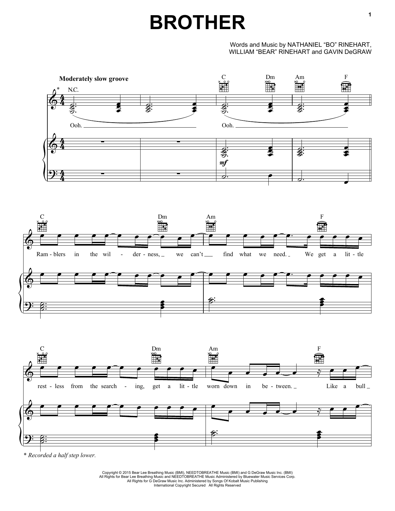 NEEDTOBREATHE Brother (feat. Gavin DeGraw) sheet music notes and chords arranged for Piano, Vocal & Guitar Chords (Right-Hand Melody)